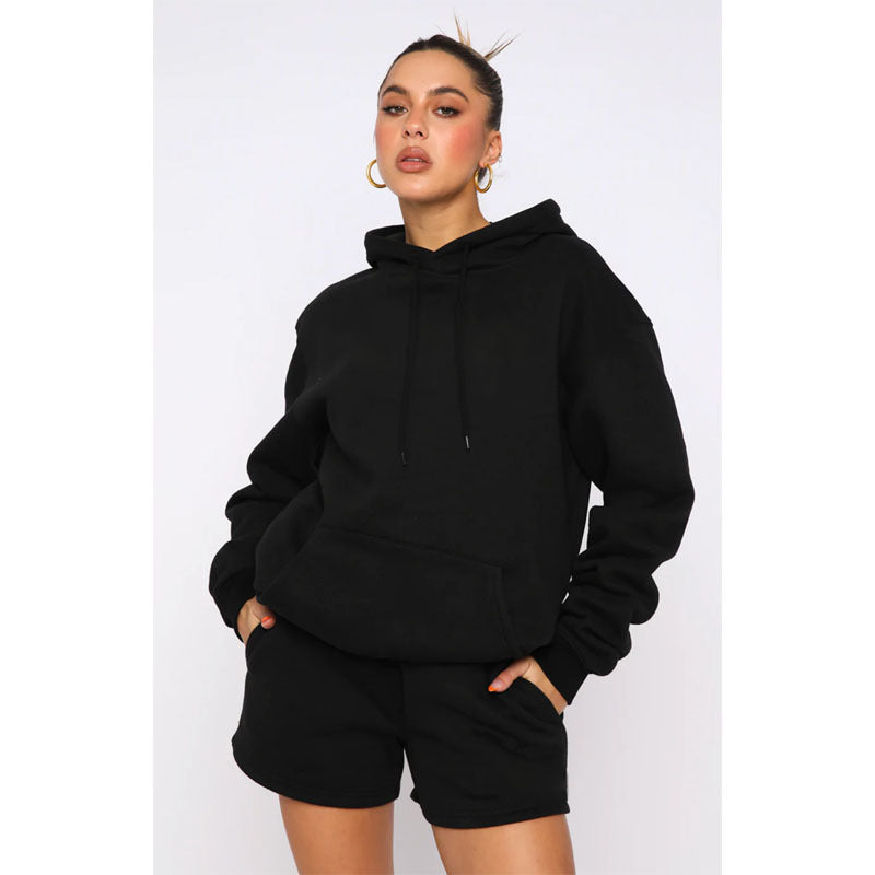 Autumn Winter Color Thickened Fleece Lined Hooded Long Sleeve Sweater Shorts Suit