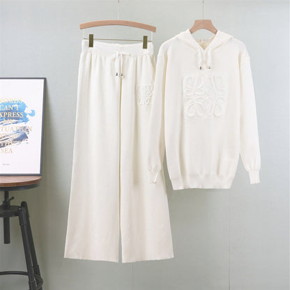 Suit Western Russian Hooded Cored Yarn Sweater Wide Leg Pants Knitted Two Piece