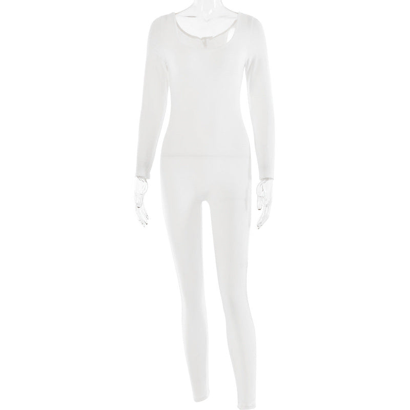Soft High Elastic Long Sleeve Tights U Collar Stitching Trousers Jumpsuit