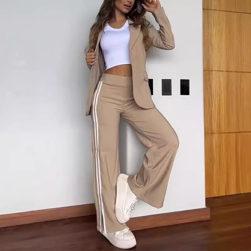 Autumn Winter Polo Collar Suit Wide Leg Pants Two Piece Suit