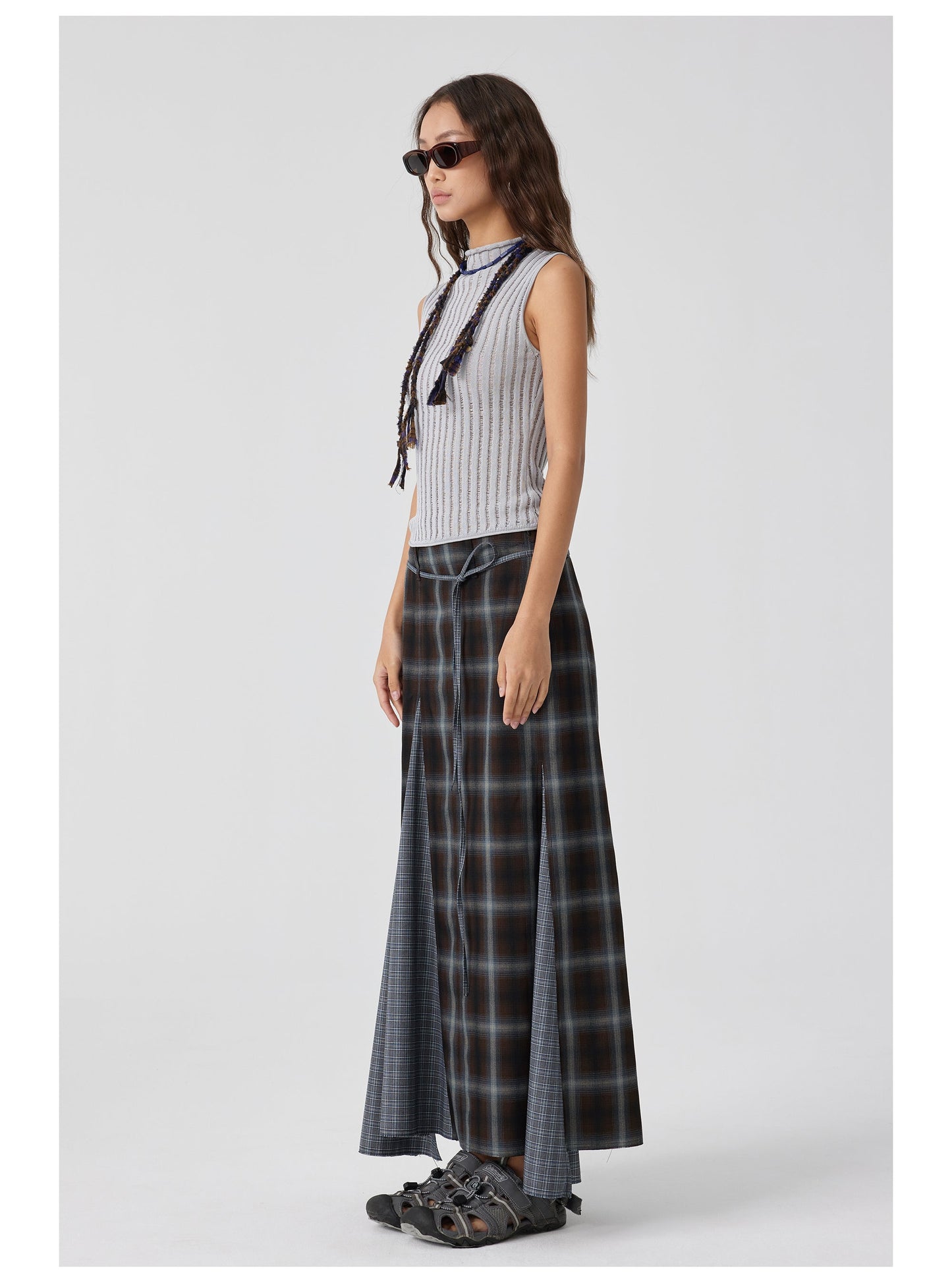 Plaid Asymmetric Panel Mermaid Long Skirt