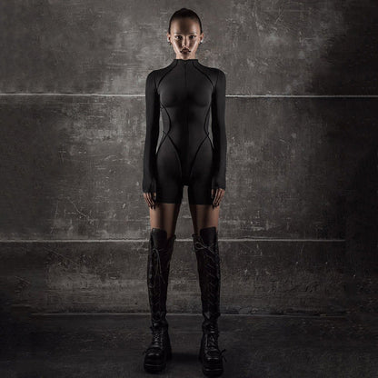 Clothing Spring Autumn Long Sleeve Reverse Car Split Zipped Round Neck Sports Jumpsuit Shorts