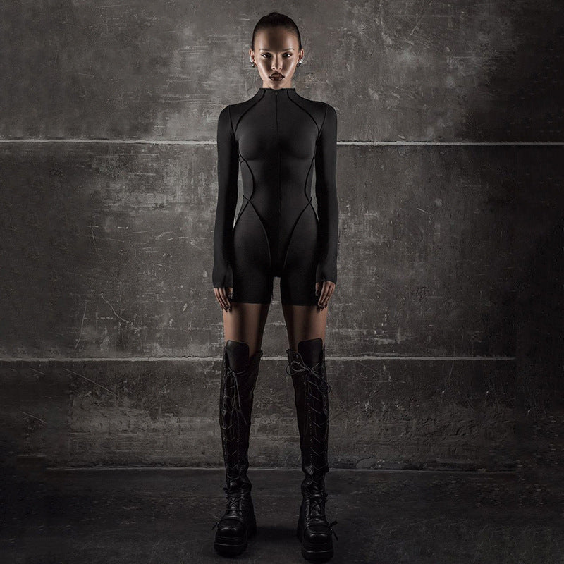 Clothing Spring Autumn Long Sleeve Reverse Car Split Zipped Round Neck Sports Jumpsuit Shorts