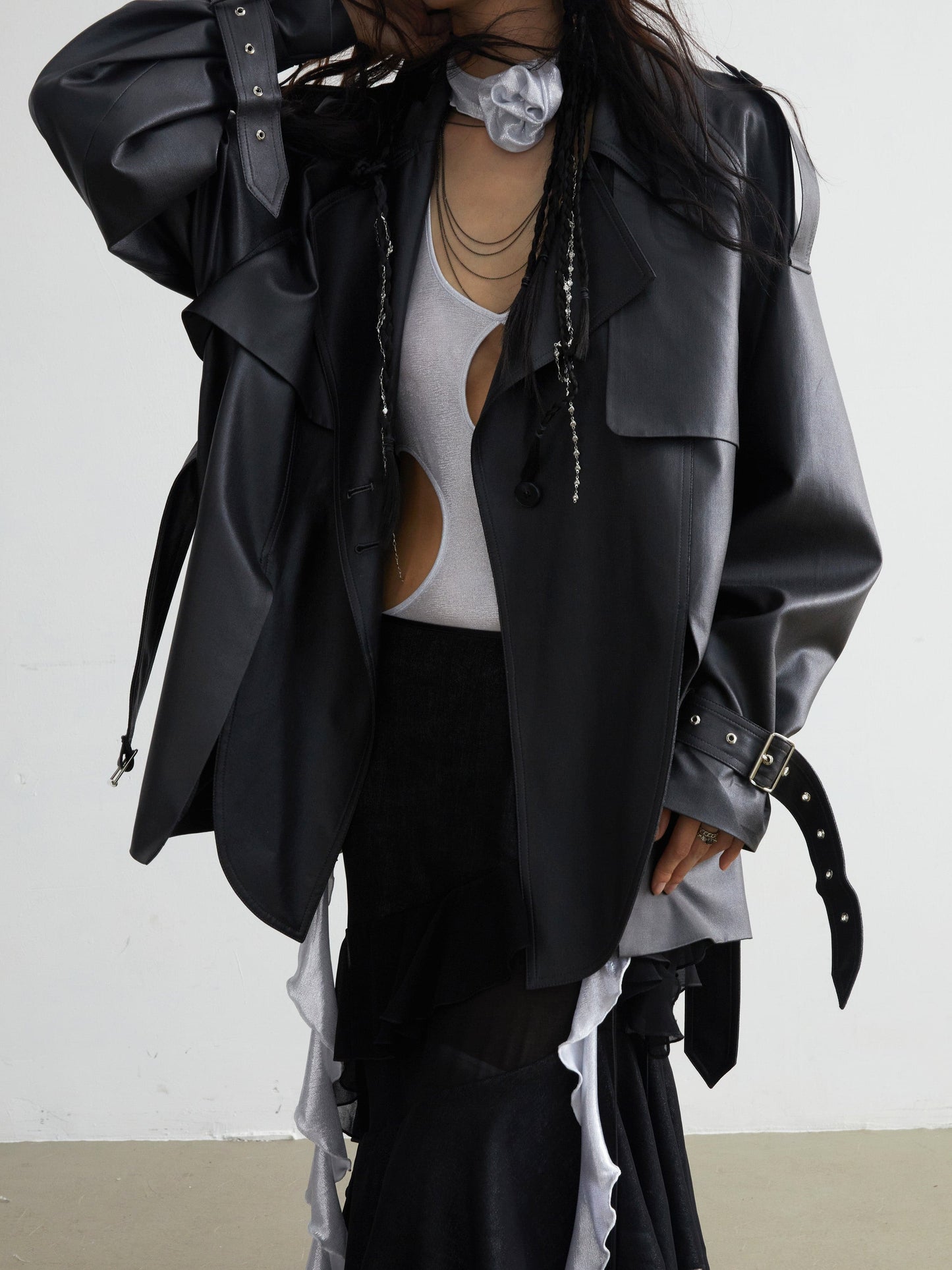 Matte Leather Short Coat With Slit Design