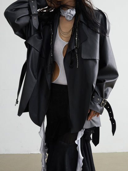 Matte Leather Short Coat With Slit Design