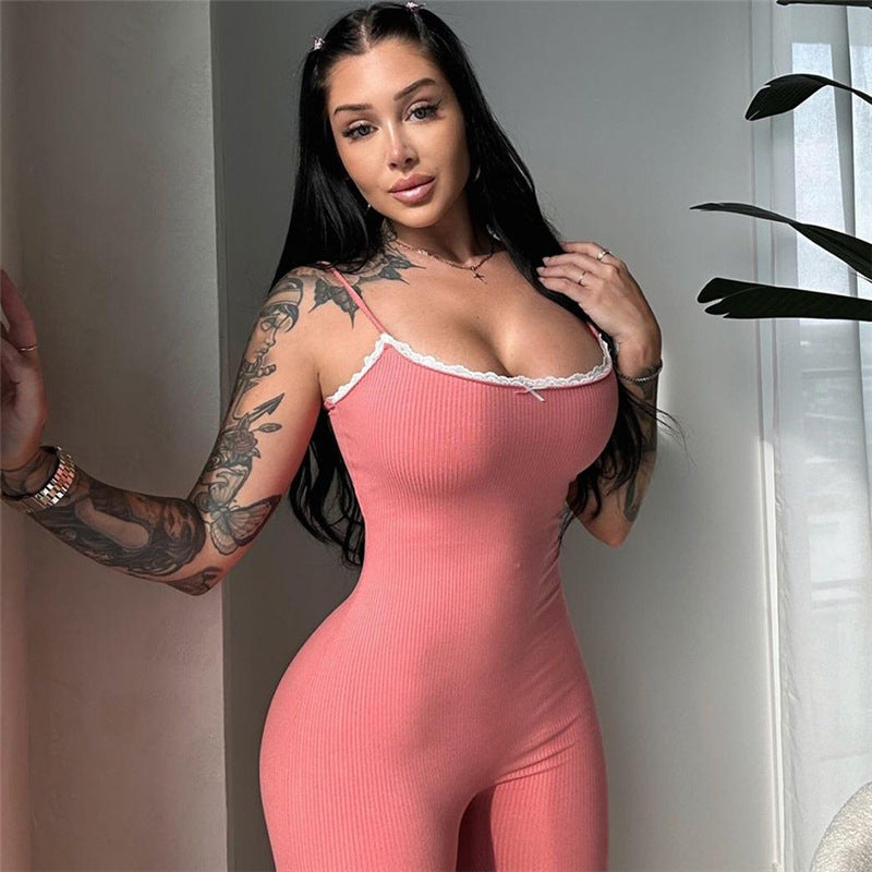 Autumn Winter Tight Low Cut Color Trousers Strappy Bow Jumpsuit