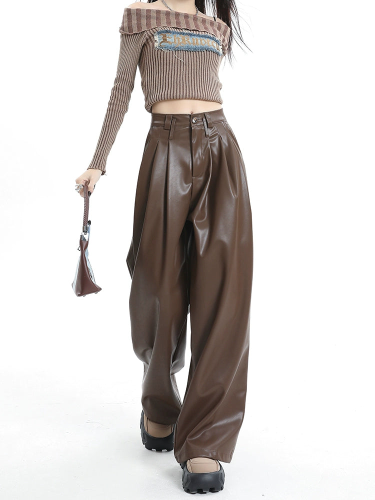 Coffee Wide-leg Pu Leather Pants