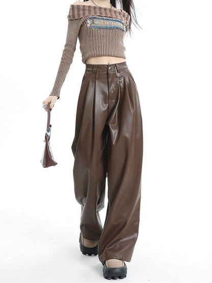 Coffee Wide-leg Pu Leather Pants