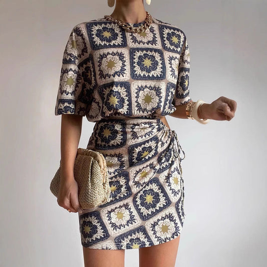Summer Personalized Printed Waist Drawstring Sheath Mini Dress