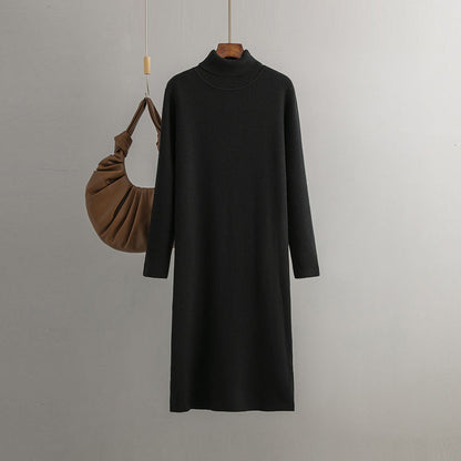 Knitted Dress Autumn Winter Mid Length Loose Turtleneck Color Base Sweater Dress