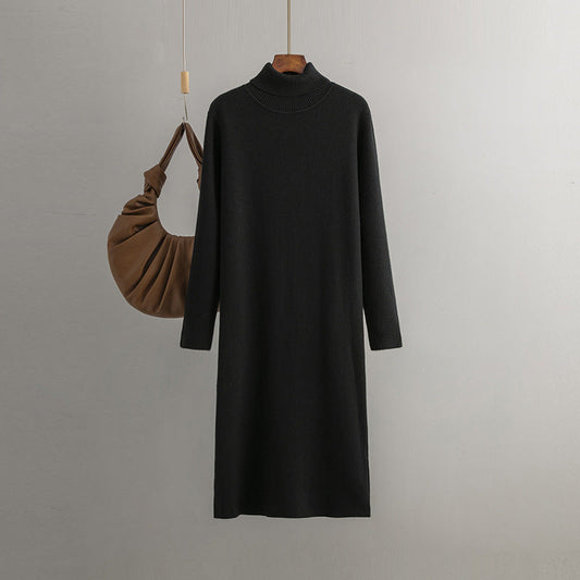 Knitted Dress Autumn Winter Mid Length Loose Turtleneck Color Base Sweater Dress
