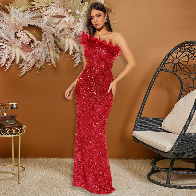 Black Paillette Feather Stitching Sequin Evening Dress Maxi Dress for