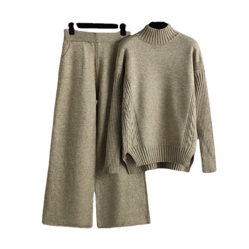 Autumn Winter Fashionable Stylish Sweater Suit Drape Knit Wide Leg Pants Two Piece Set