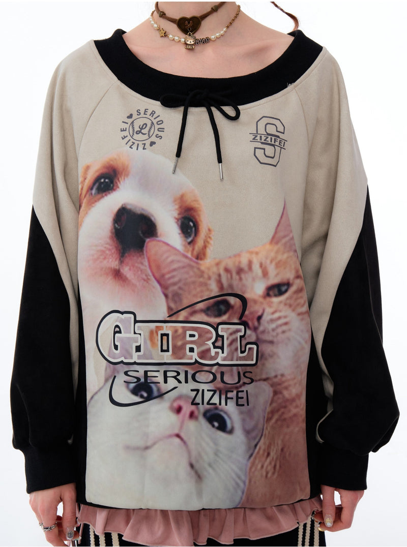Cat and Dog Print Two-tone Sweatshirt