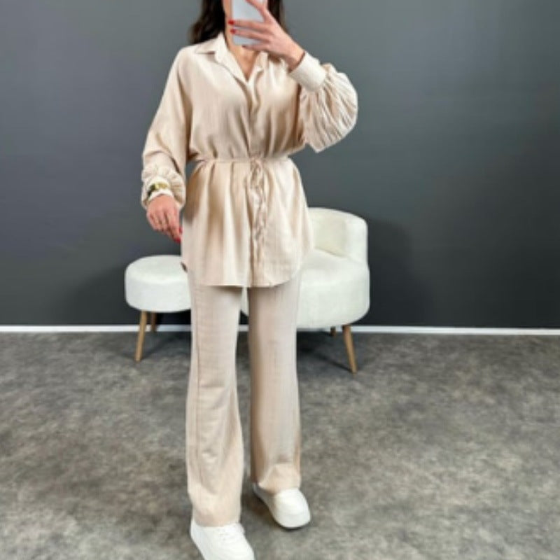 Bubble Long Sleeve Loose Lace Up Shirt Straight Pants Two Pieces Sets