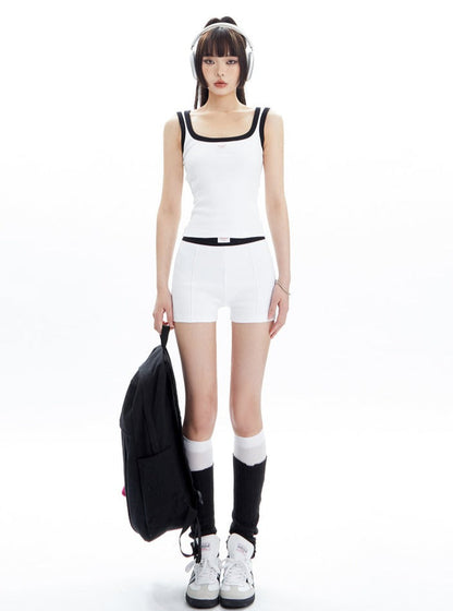 Black and White Contrast Trim Crop Top and Shorts Set