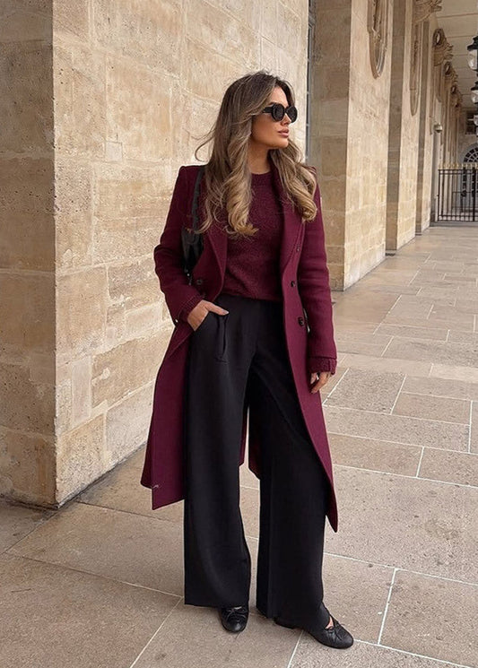 Bordeaux Charm - Double-breasted Wool Coat