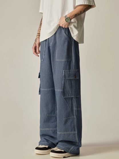 Pinstriped Wide-leg Cargo Utility Pants