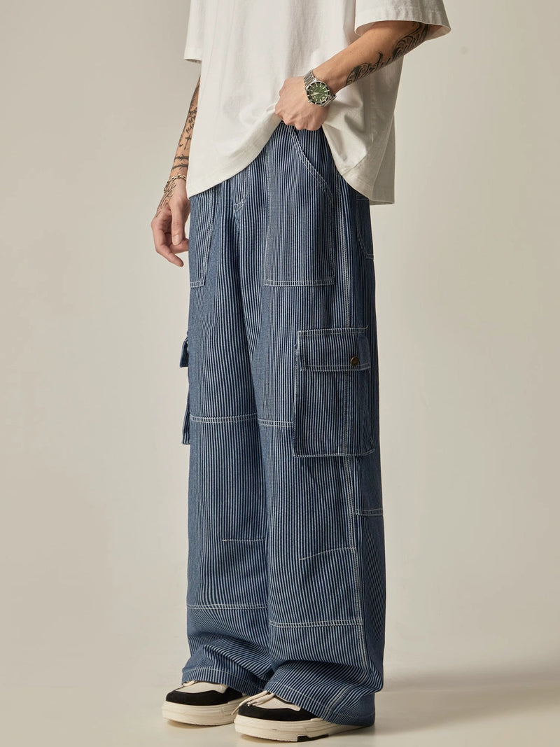 Pinstriped Wide-leg Cargo Utility Pants