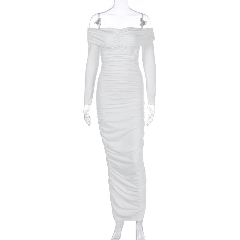 Color Off the Shoulder Maxi Dress Pleated Long Sleeve Dress