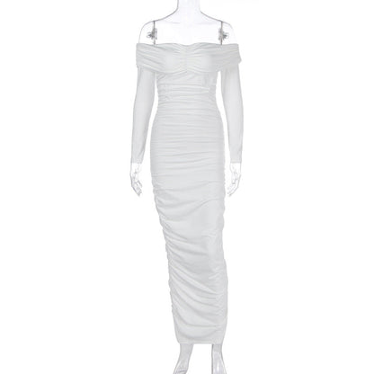 Color Off the Shoulder Maxi Dress Pleated Long Sleeve Dress