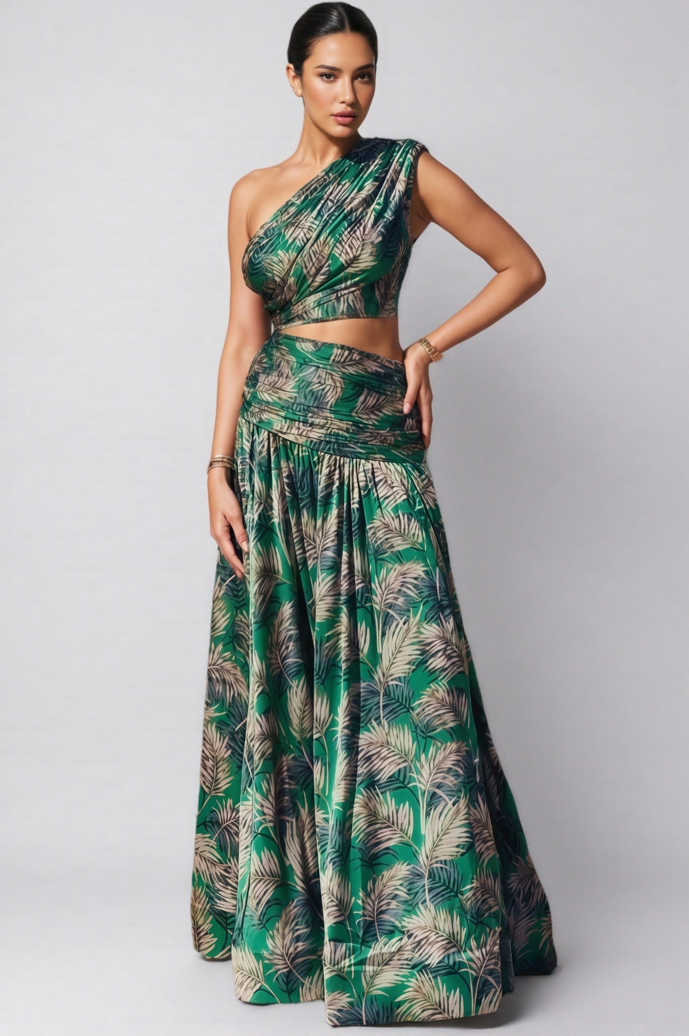 Dritad Green One-shoulder Slit Maxi Dress Set