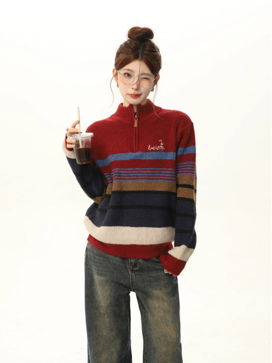 Red Color-block Striped Knit Sweater