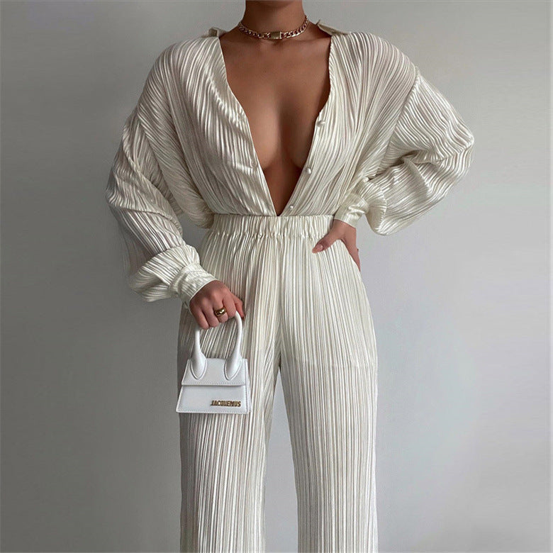 Summer Suit Clothing Pleated Long Sleeve V Neck Shirt Pants Two Piece Set