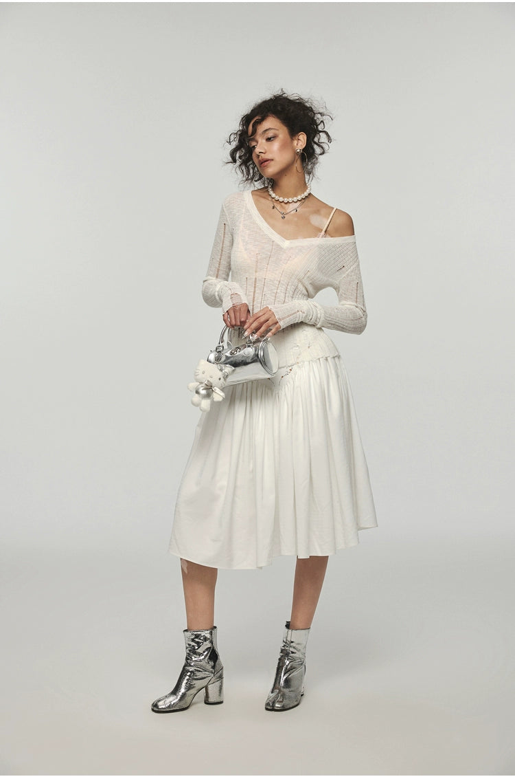 Hollow-out V-neck Thin Cardigan With Distressed Waist Knit Top