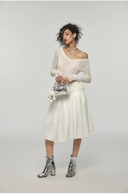 Hollow-out V-neck Thin Cardigan With Distressed Waist Knit Top