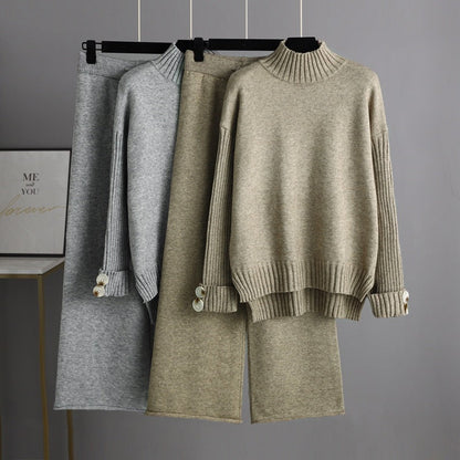 Autumn Winter Knitting Suit Semi-high Collar Sweater Thickened Outer Wear Loose Two Piece Set