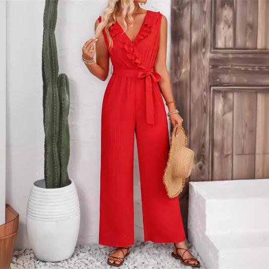 Jacquard Striped Ruffled Wide Leg Pants Belt Straight Sleeveless Pants Jumpsuit