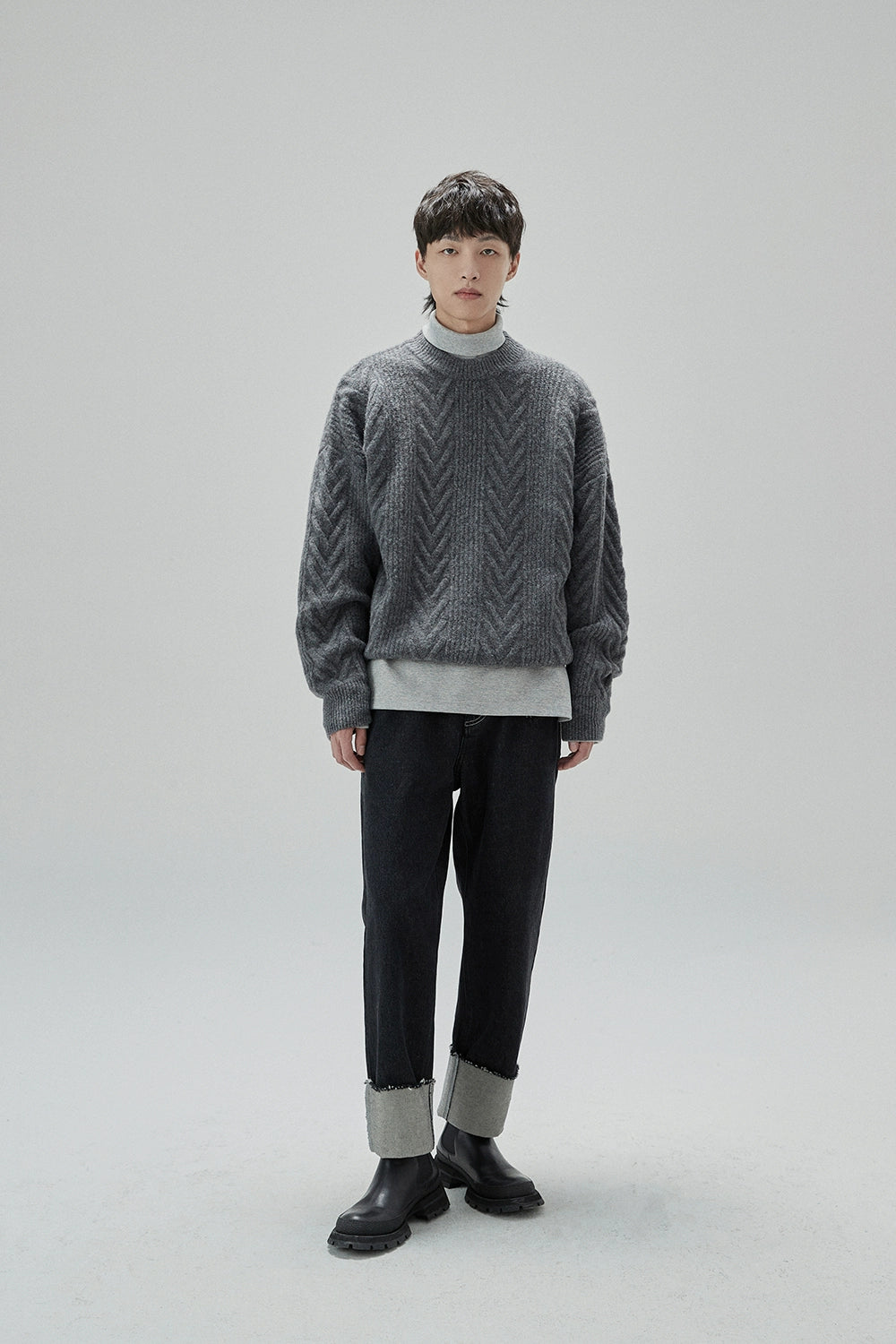 Cream Cable Knit Sweater With Chevron Pattern
