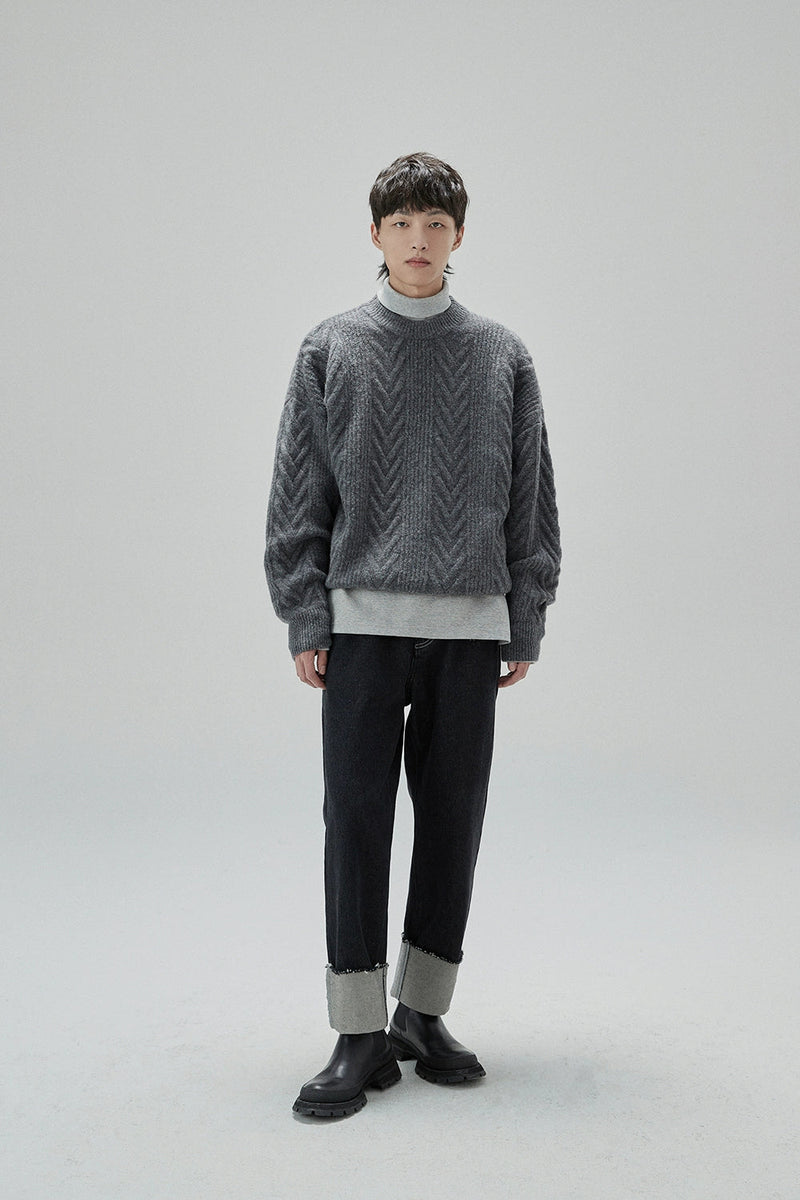 Cream Cable Knit Sweater With Chevron Pattern