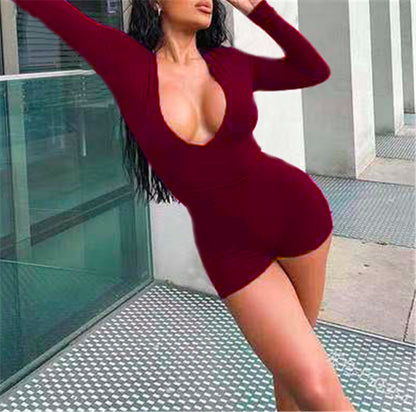 Autumn Low Cut Color Slim Fit Backless Drawstring Strap Romper