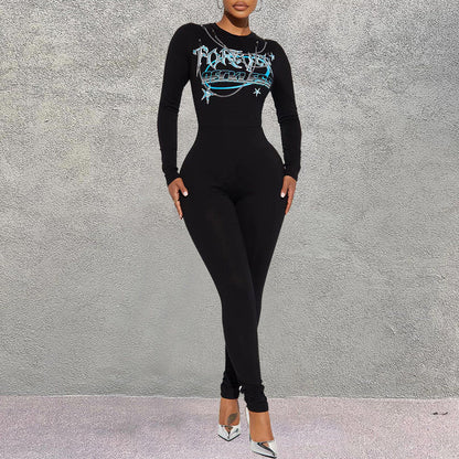 One Piece Clothing Print Round Neck Long Sleeve Stretchy Slim Fit Tight Jumpsuit