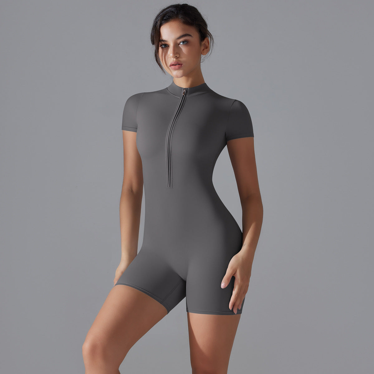 Summer Color Zipper Short Sleeve Slim Fit Yoga Wear One Piece Dance Fitness Tight Sports Jumpsuit