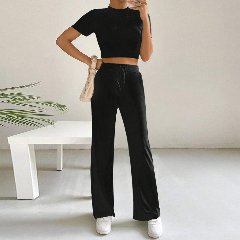 Clothing Cropped Slim Knitted Short Sleeve High Waist Wide Leg Pants Two Piece Set