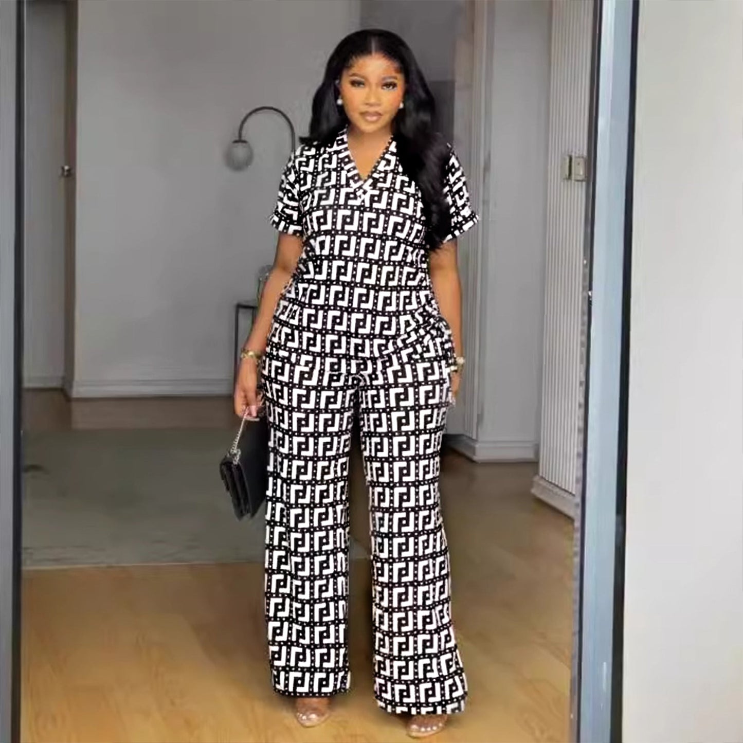 Printed V Neck Pleating Wide Leg Pants Two Piece Set