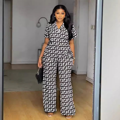 Printed V Neck Pleating Wide Leg Pants Two Piece Set