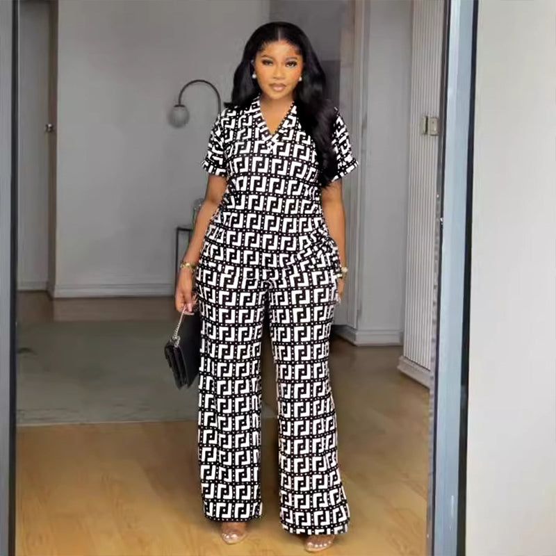 Printed V Neck Pleating Wide Leg Pants Two Piece Set