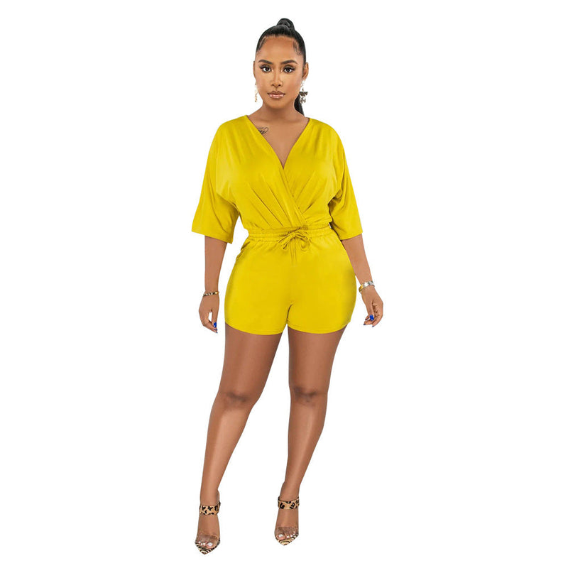 Color V Neck Fitted Waist Jumpsuit Shorts