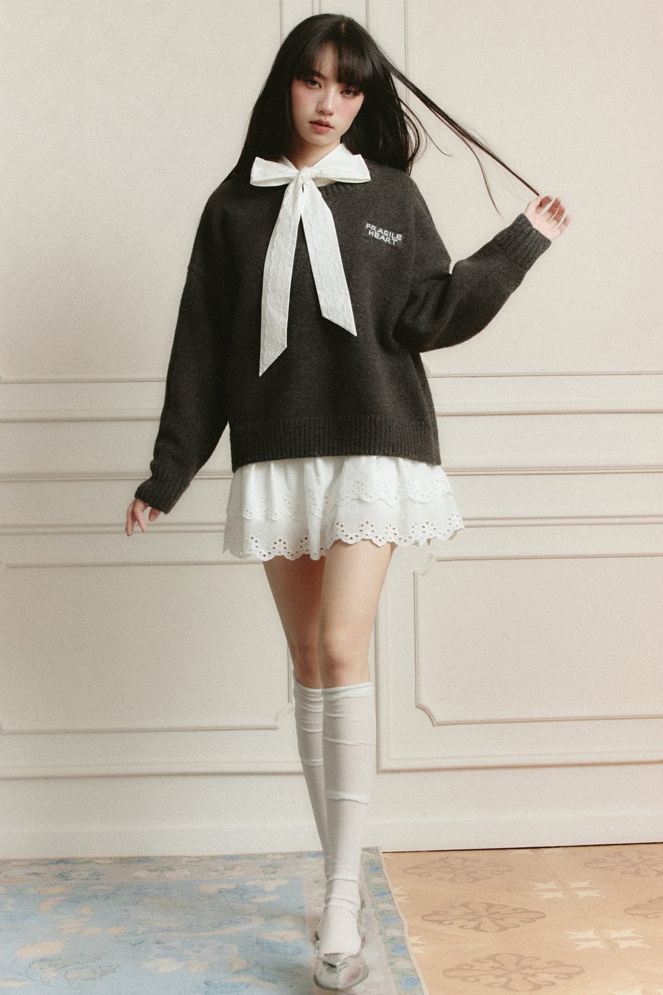 Romantic White Lace Mini Dress With Bow Tie Collar and Scalloped Hem