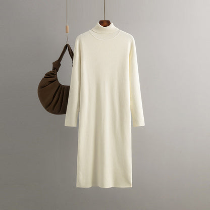 Knitted Dress Autumn Winter Mid Length Loose Turtleneck Color Base Sweater Dress