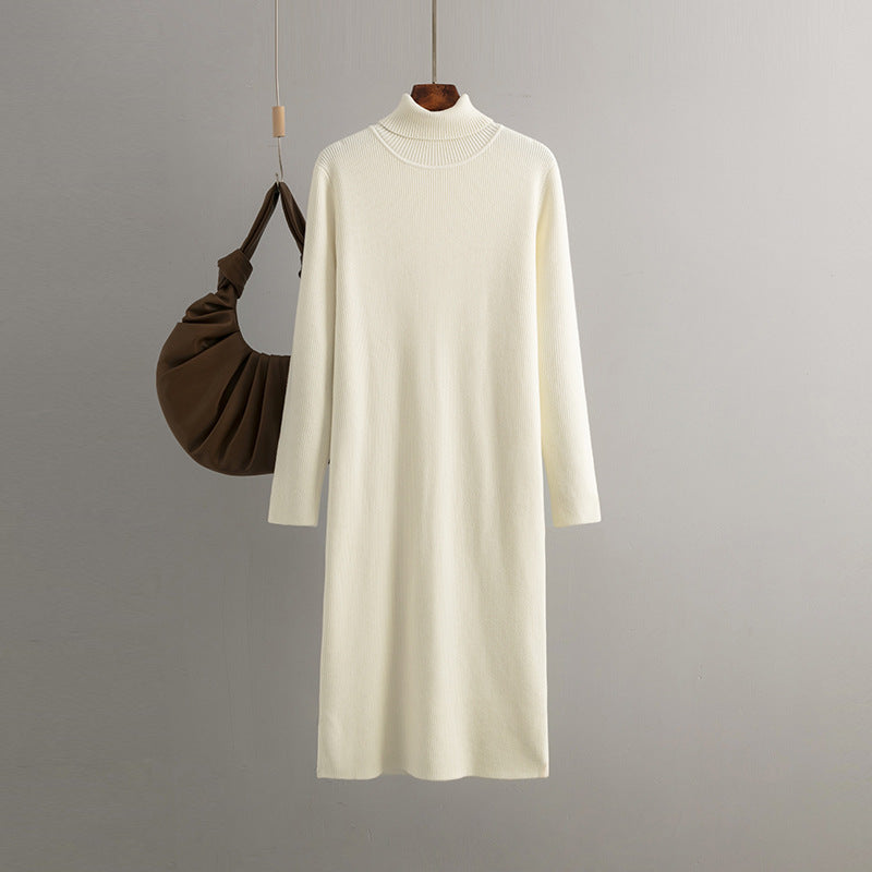 Knitted Dress Autumn Winter Mid Length Loose Turtleneck Color Base Sweater Dress