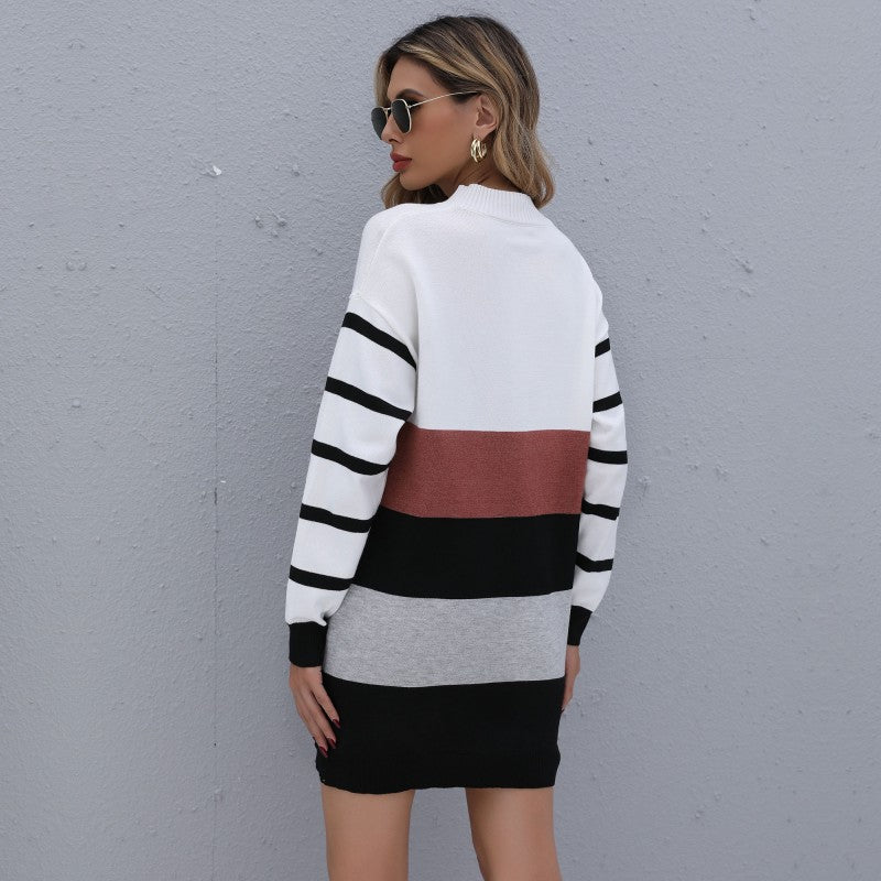 Clothing Autumn Winter Color Matching Fashionable Long Knitted Base Sweater Dress