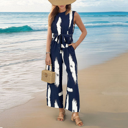 Summer Vacation One Piece Wide Leg Trousers Sleeveless Printed Jumpsuit