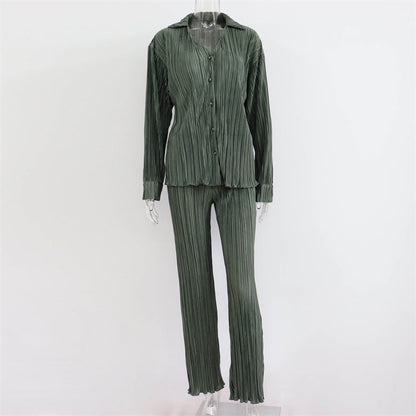Summer Suit Clothing Pleated Long Sleeve V Neck Shirt Pants Two Piece Set