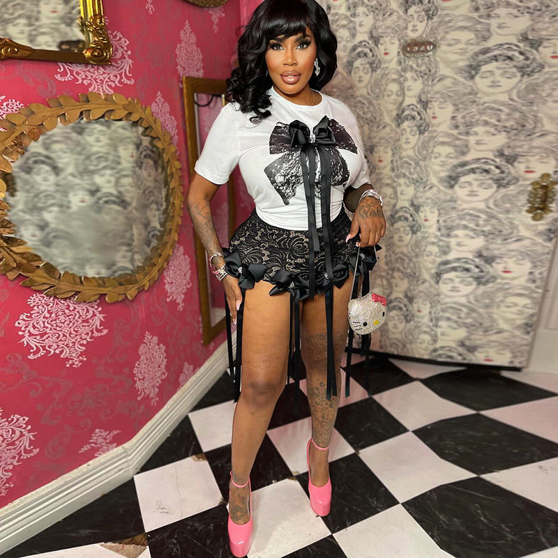 3d Butterfly Print Loose Lazy Top Lace Shorts Suit