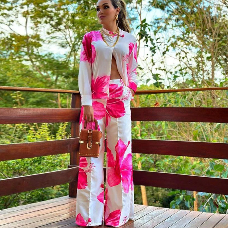 Suit Printed Shirt Spring Autumn Wide Leg Pants Two Piece Suit